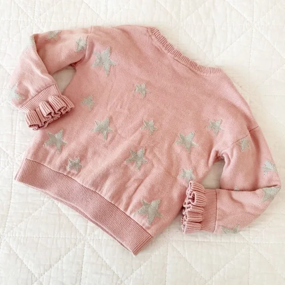 GAP Kids Soft Pink Knit Sweater Silver Stars Ruffle Sleeves 2T - Picture 3 of 3
